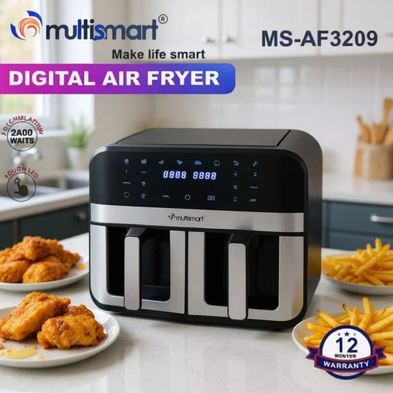 AirFryer inox 09L Double Bac Avec Fenêtre Visible 2400W Multismart MS-AF3209