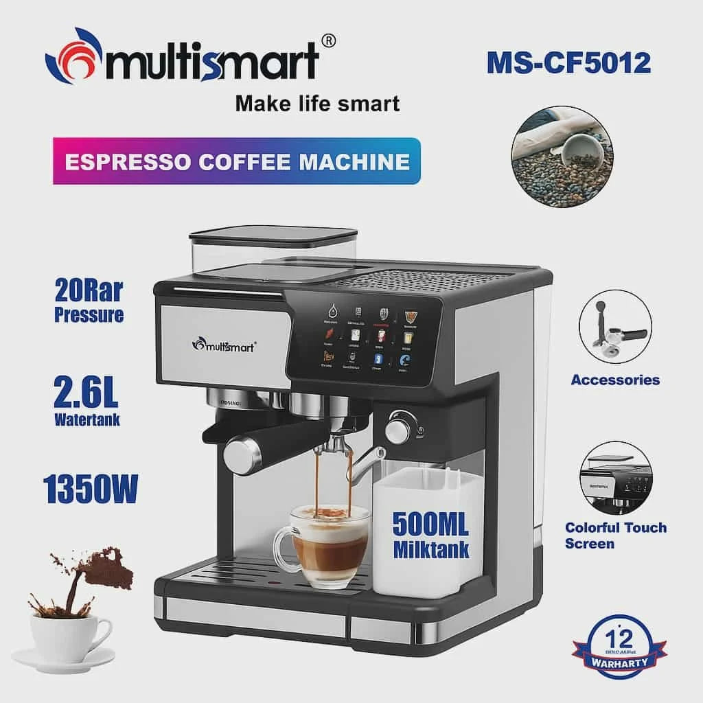 Machine à café Multifonction Pro Café Grain+ Lait + cappuccino 20 Bar 2.6L 1350W + Fonction Moulin a café MULTISMART MS-CF5012